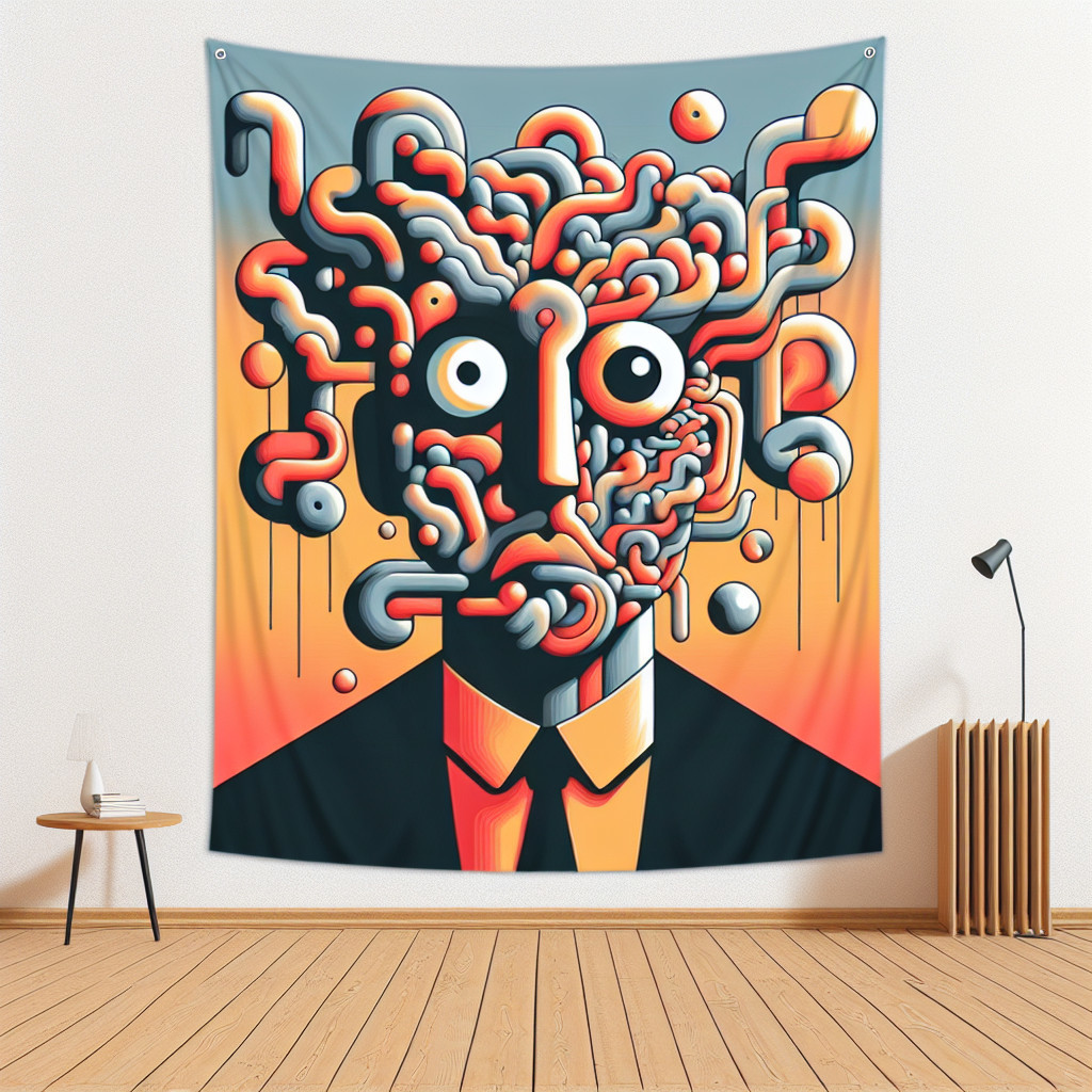 Surreal Tapestry with Abstract Figure and Colorful Elements