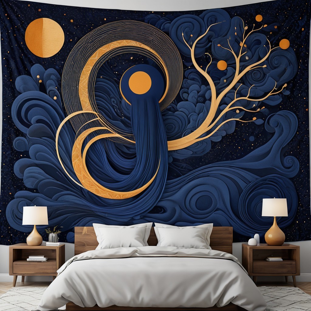 Tapestry with Waves and Tree on Blue Backdrop