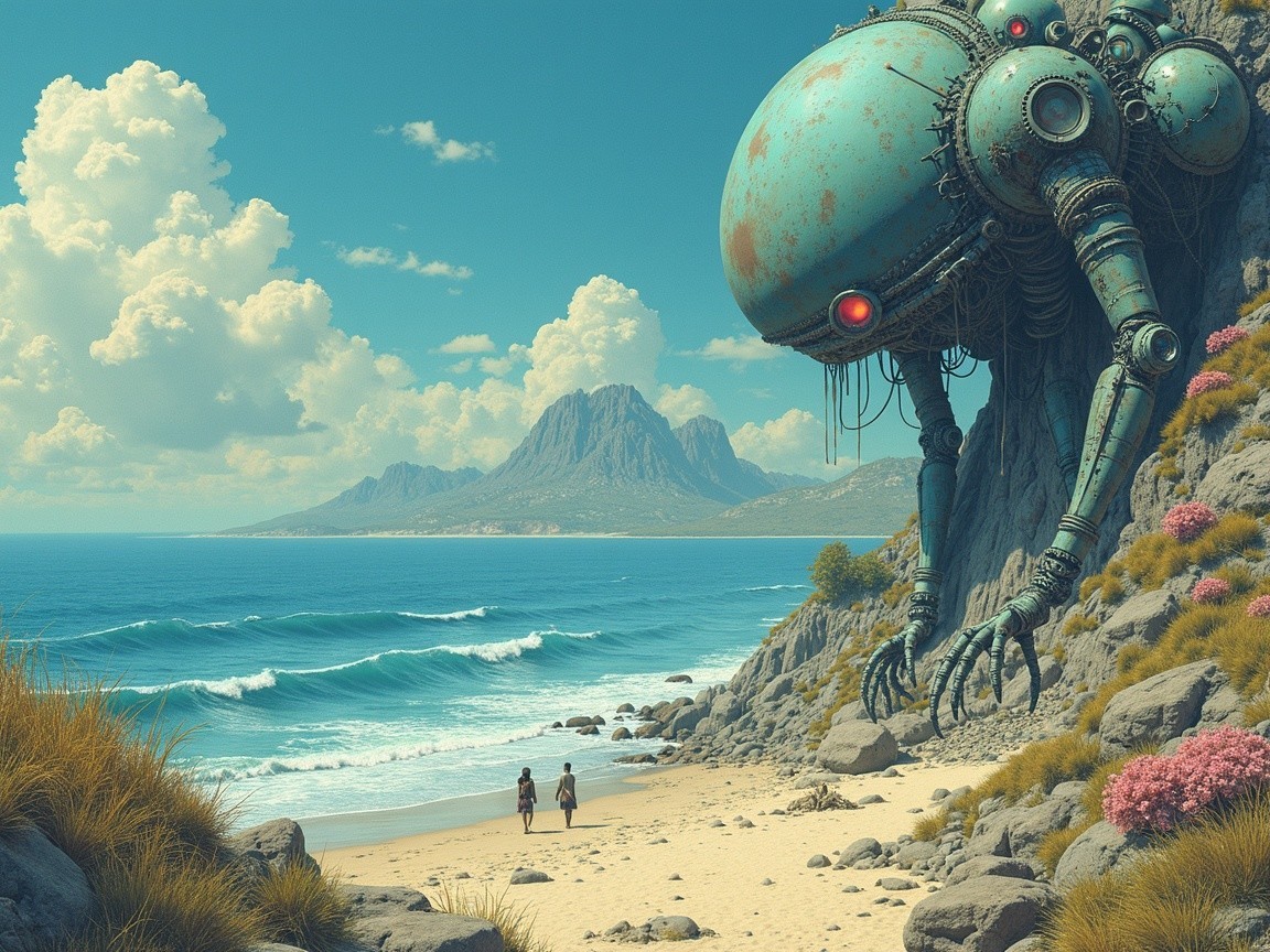 Beach Scene with Robot, Waves, and Distant Mountains