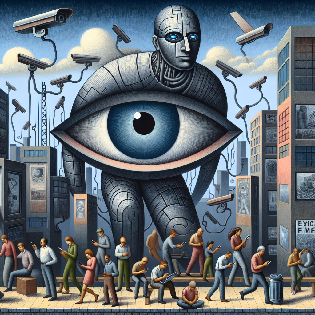 Humanoid Figure Overlooking City with Surveillance Themes
