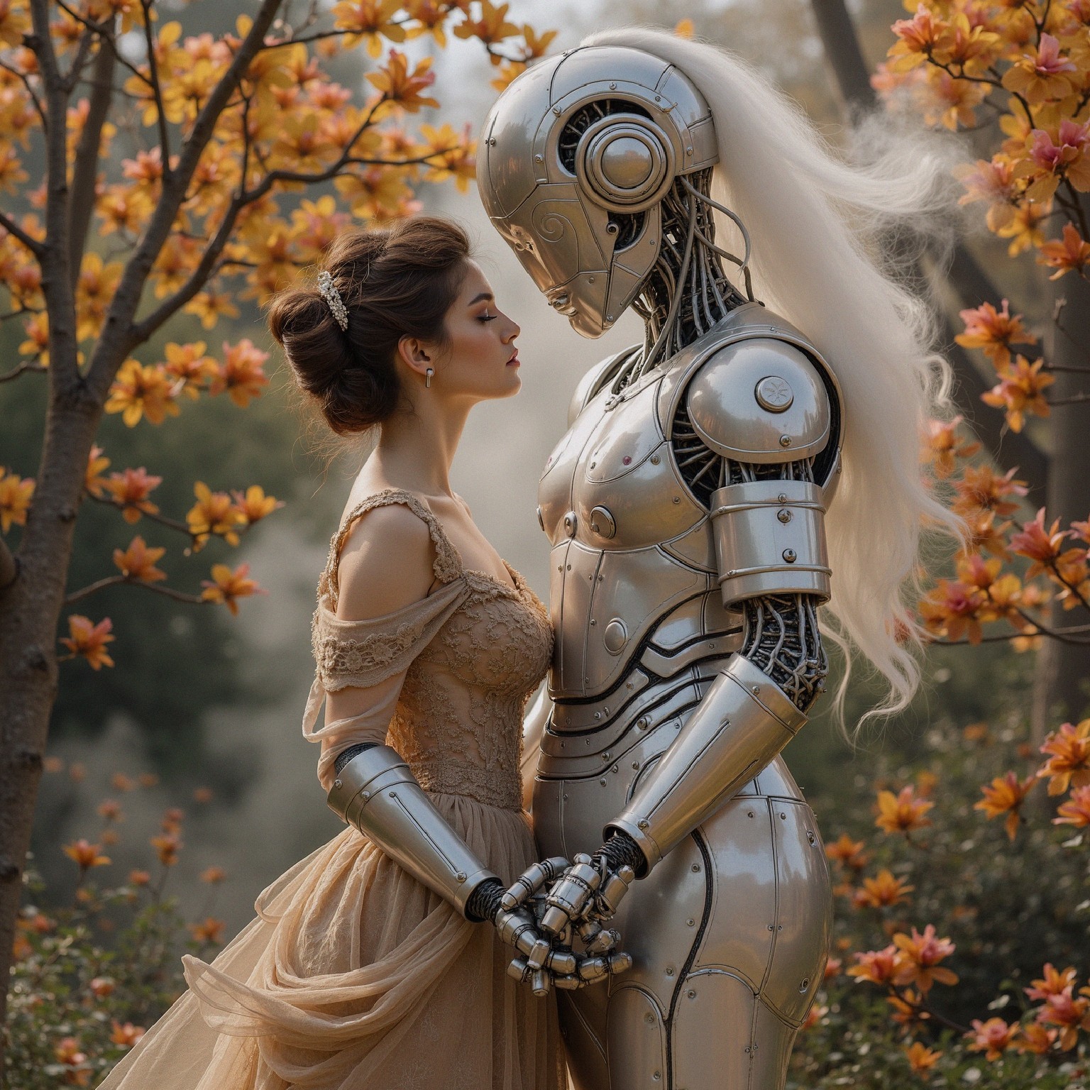 Autumn Scene of Woman and Robot in Harmony