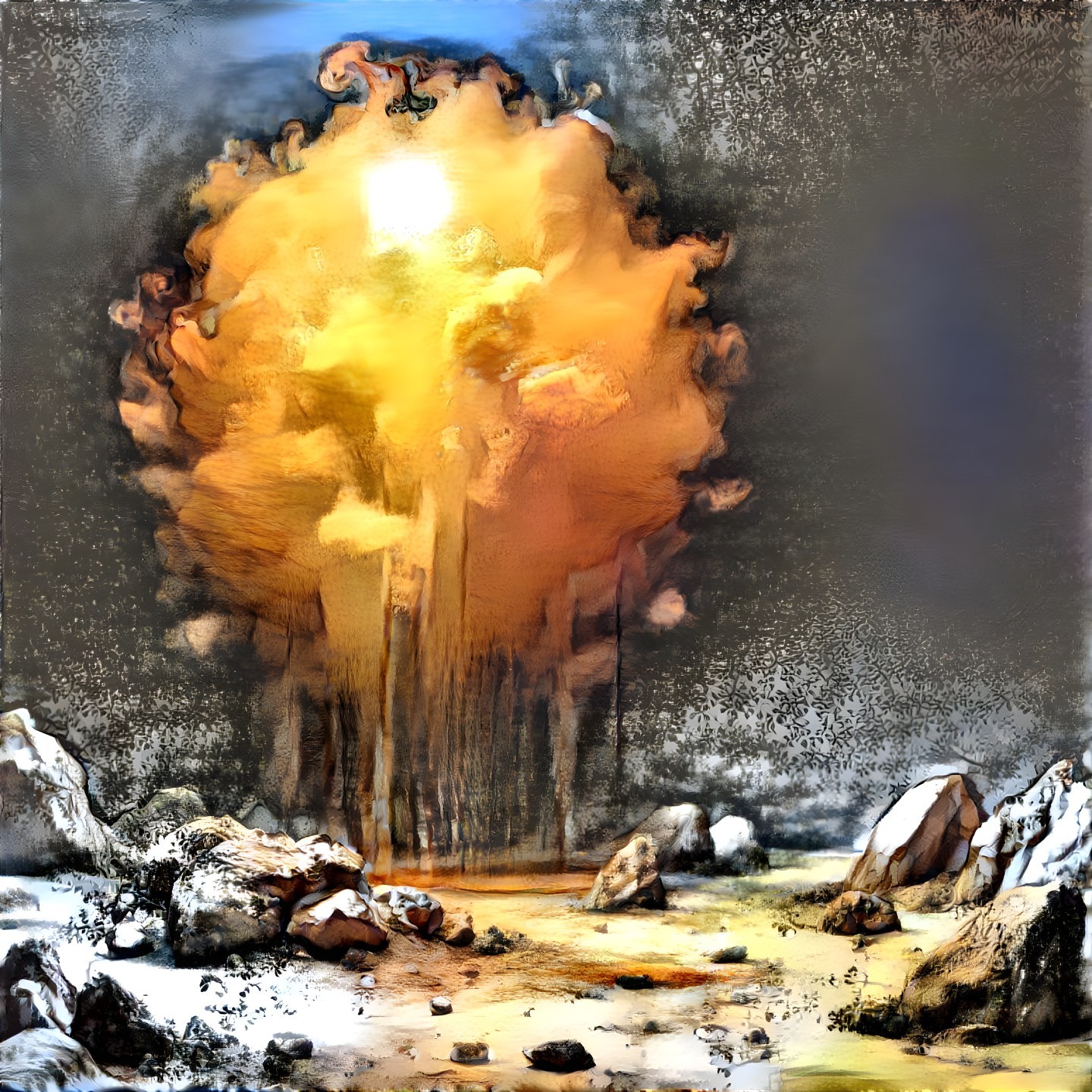 Dramatic Orange and Yellow Explosion in Rocky Landscape