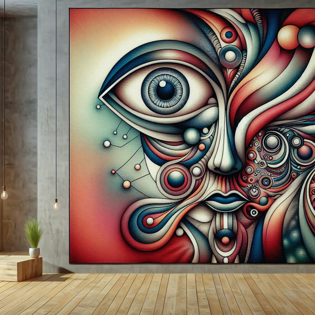 Abstract Mural with Stylized Eye on Concrete Wall