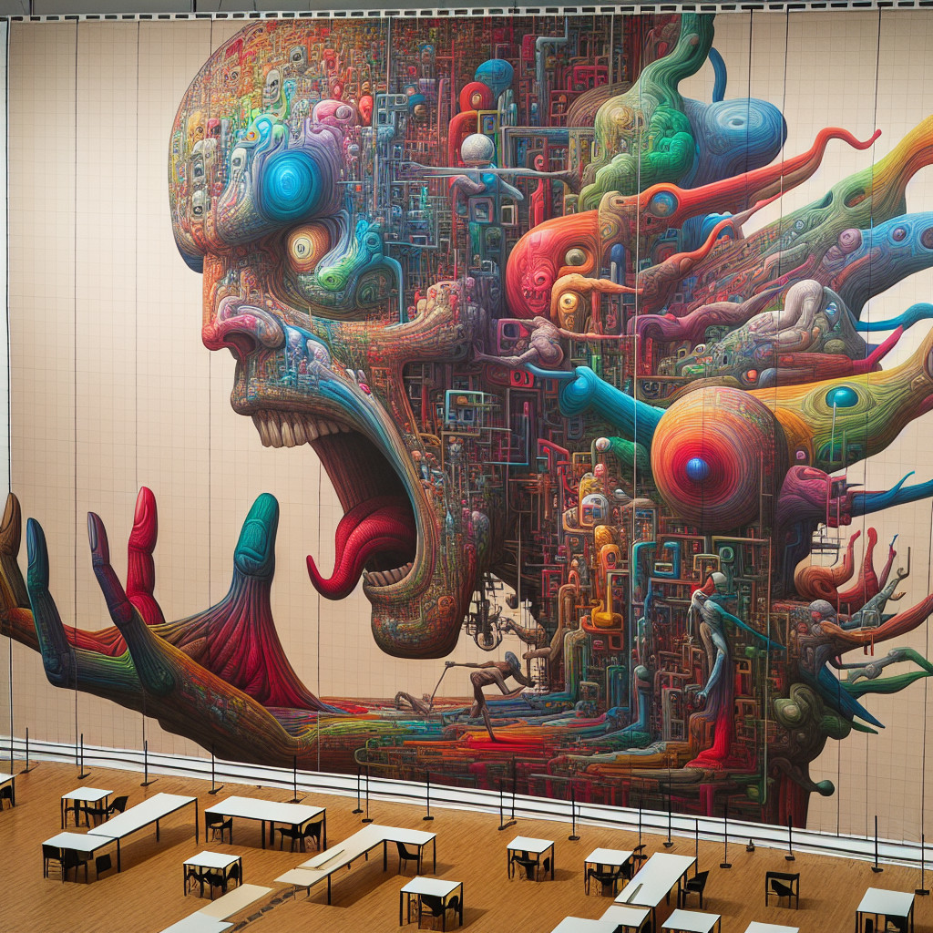 Vibrant Mural of Surreal Face in Spacious Room