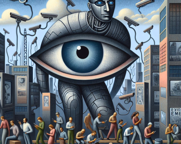 Humanoid Figure Overlooking City with Surveillance Themes