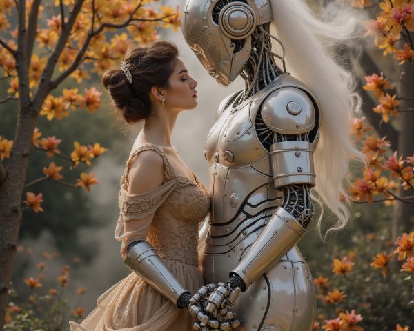 Autumn Scene of Woman and Robot in Harmony