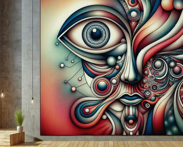 Abstract Mural with Stylized Eye on Concrete Wall