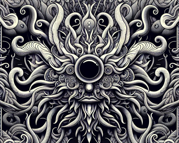Intricate Surrealist Design with Monochromatic Patterns
