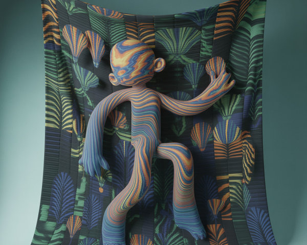 Vibrant Abstract Figure with Swirling Colors and Foliage