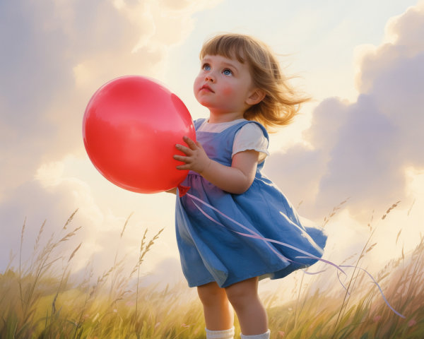 Young girl with red balloon in sunlit field