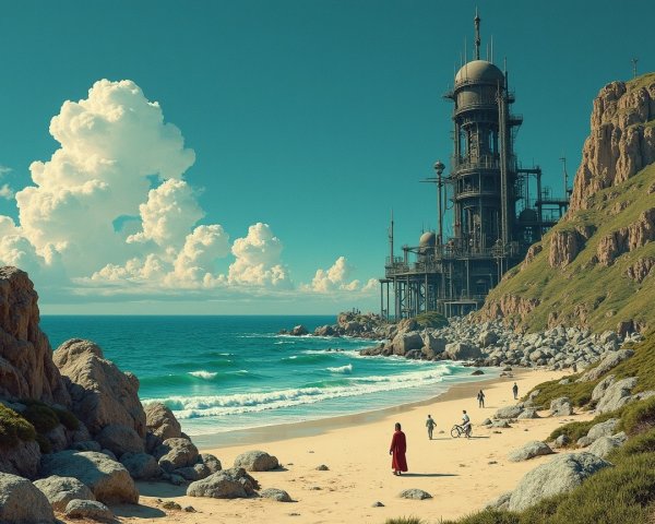 Futuristic Structure on Coastal Cliffs with Beach Scene