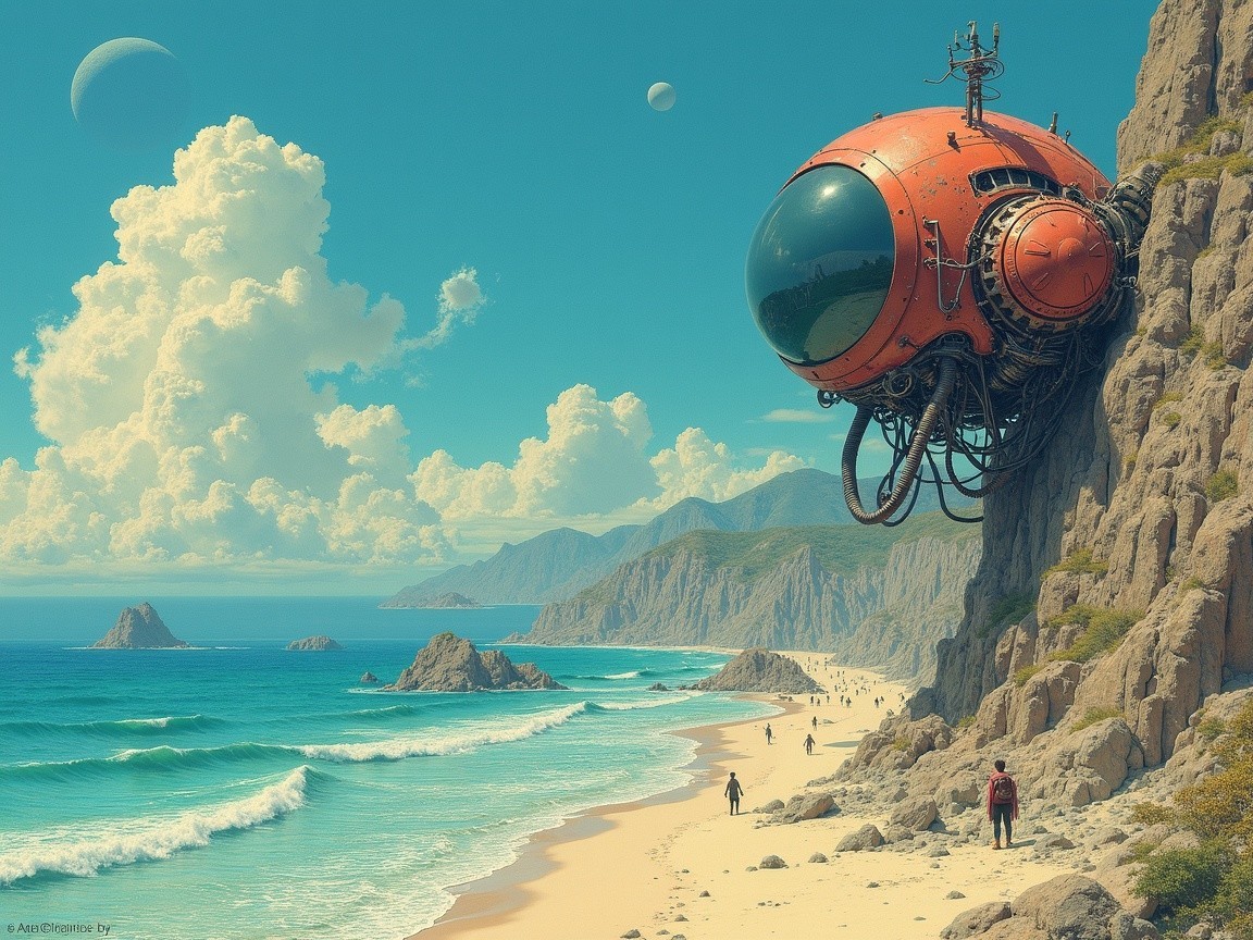Seaside Landscape with Futuristic Pod and Turquoise Waves