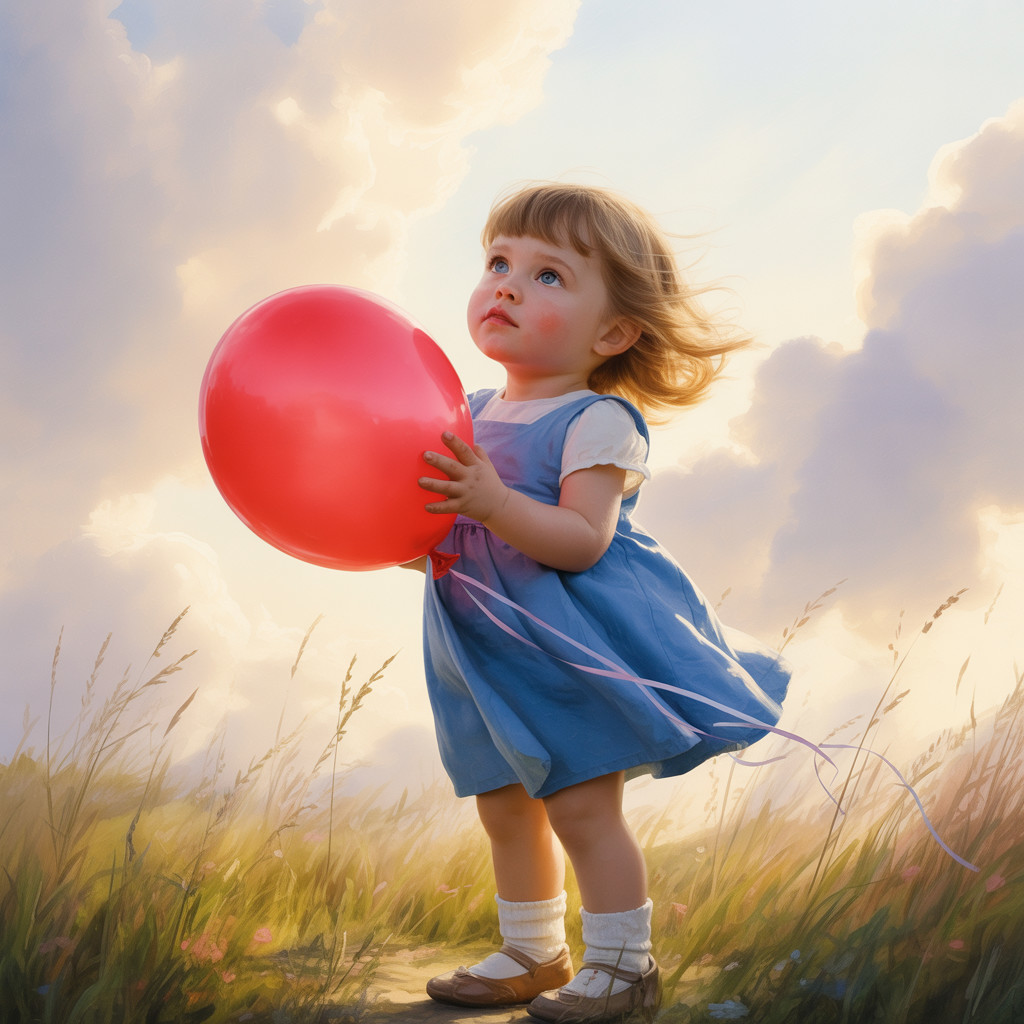 Young girl with red balloon in sunlit field
