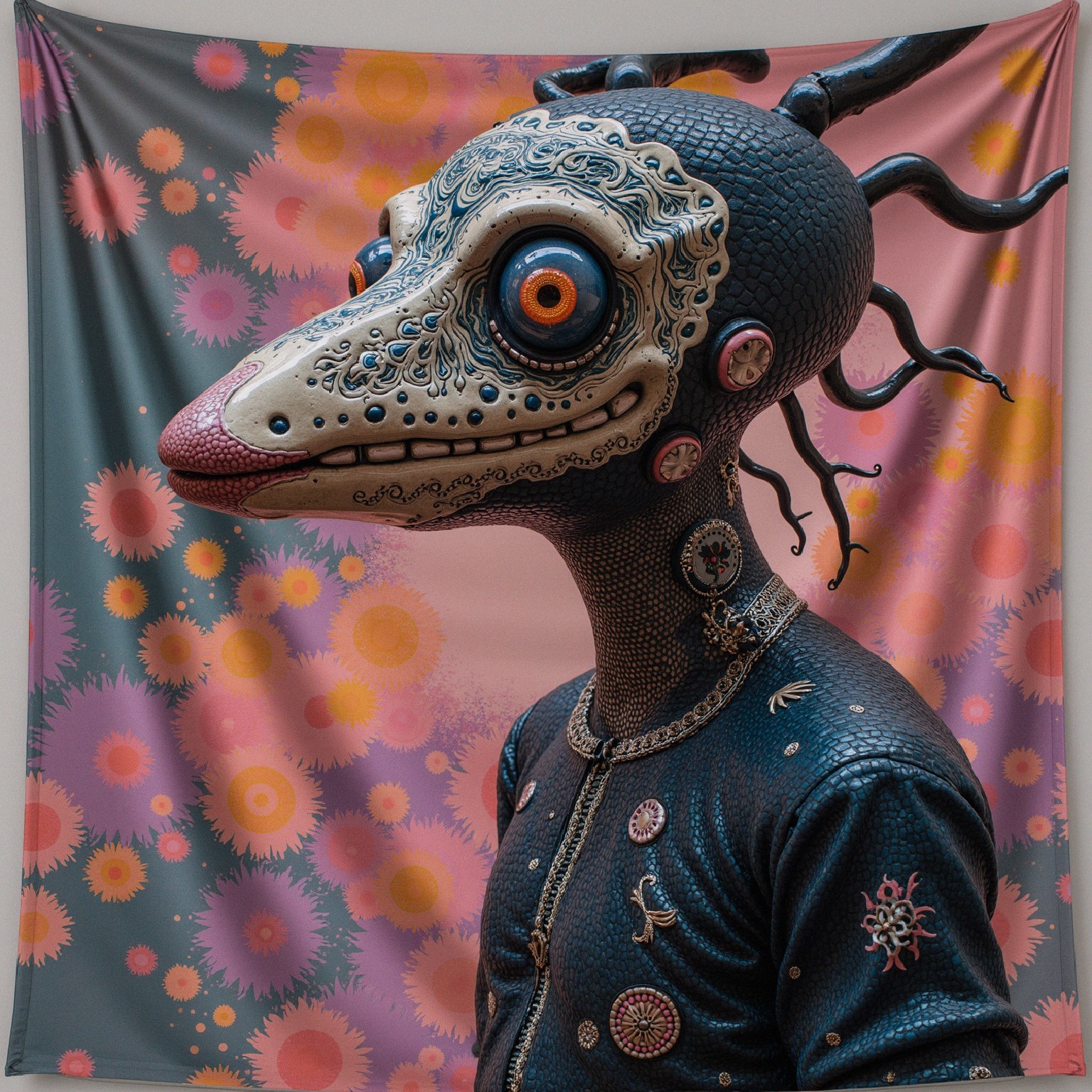 Surreal humanoid figure with reptilian head and patterns