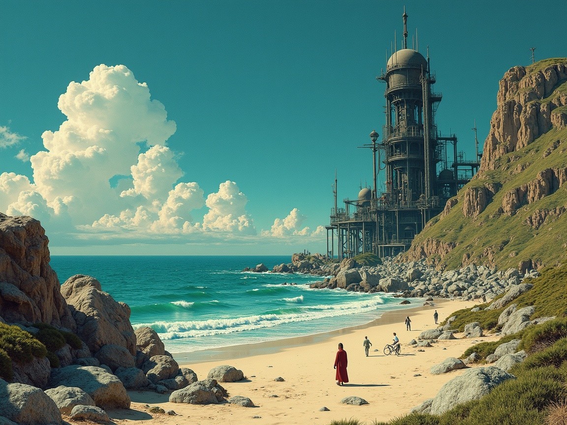 Futuristic Structure on Coastal Cliffs with Beach Scene