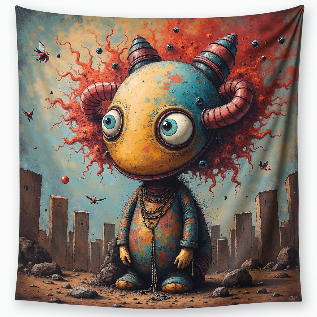 Whimsical Cartoon Creature in Surreal Landscape