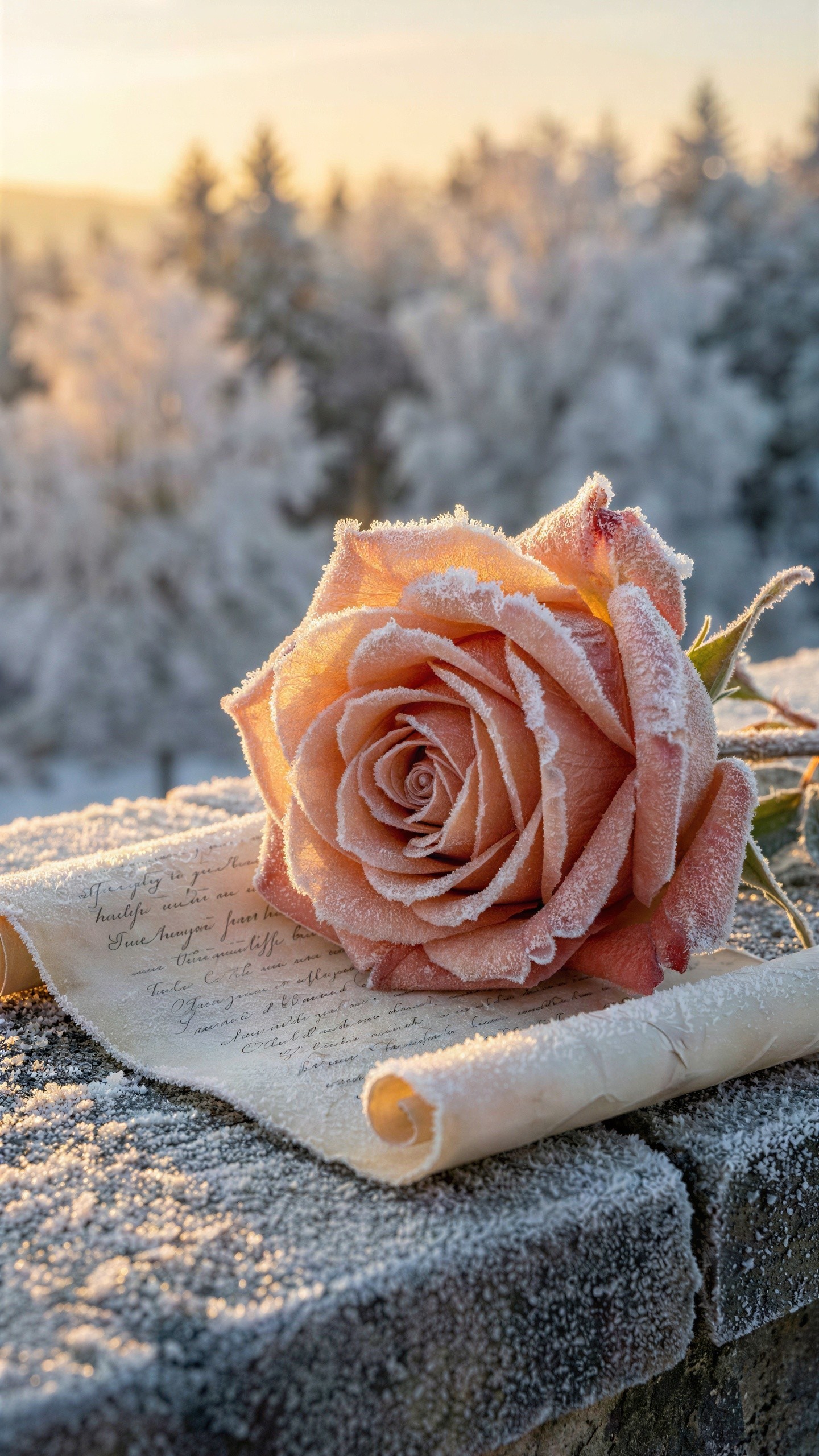 Peach Rose with Hoarfrost on Parchment Letter