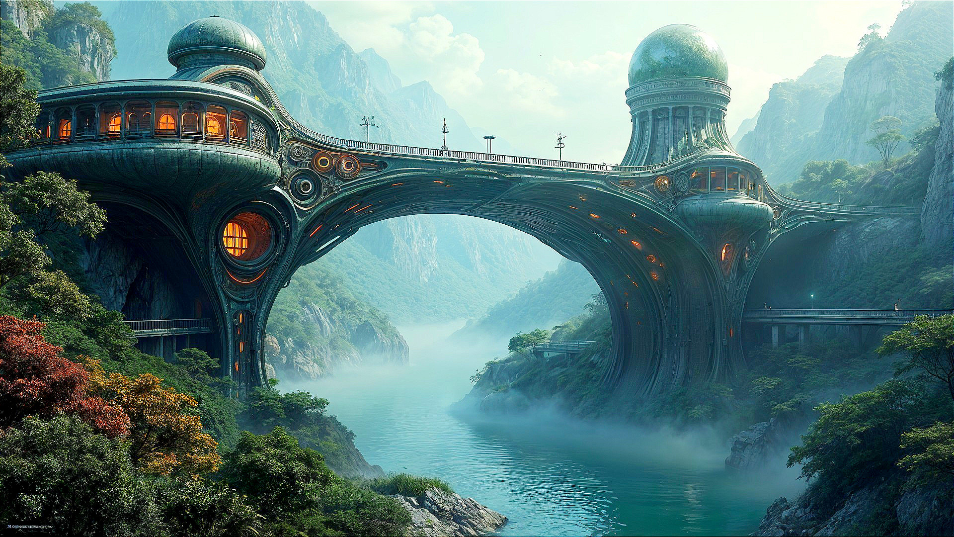 Futuristic Organic Bridge Over Serene River Landscape