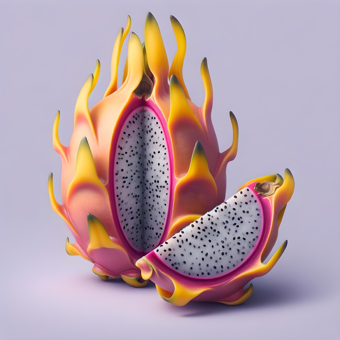 Colorful Dragon Fruit Illustration with White Flesh and Seeds on Purple Background