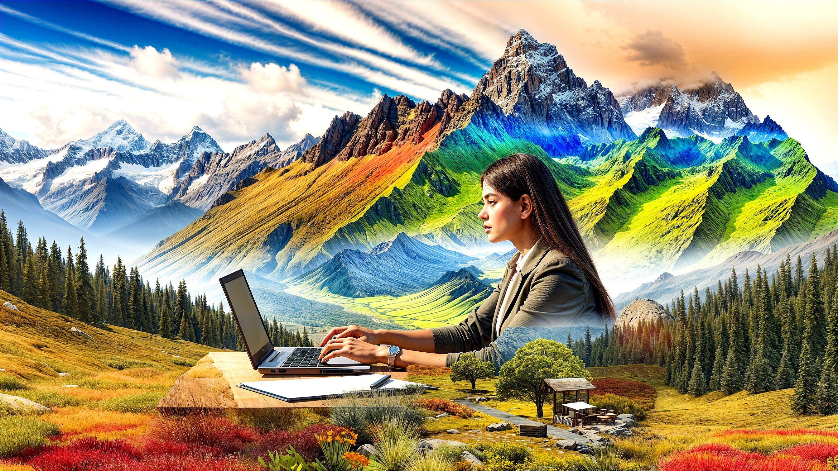Mountainous Landscape with Woman Working on Laptop