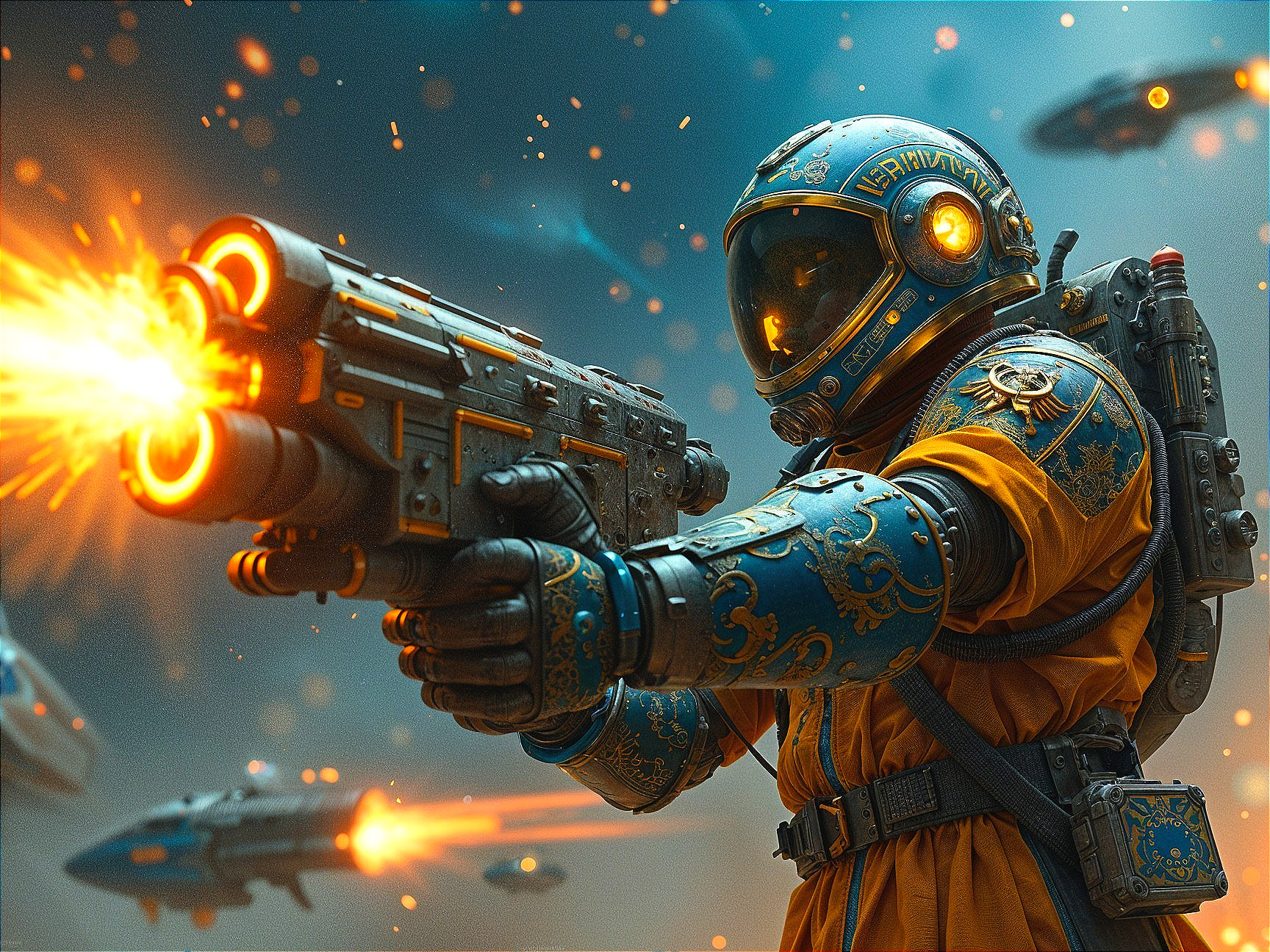 Futuristic astronaut in blue and gold suit with energy gun