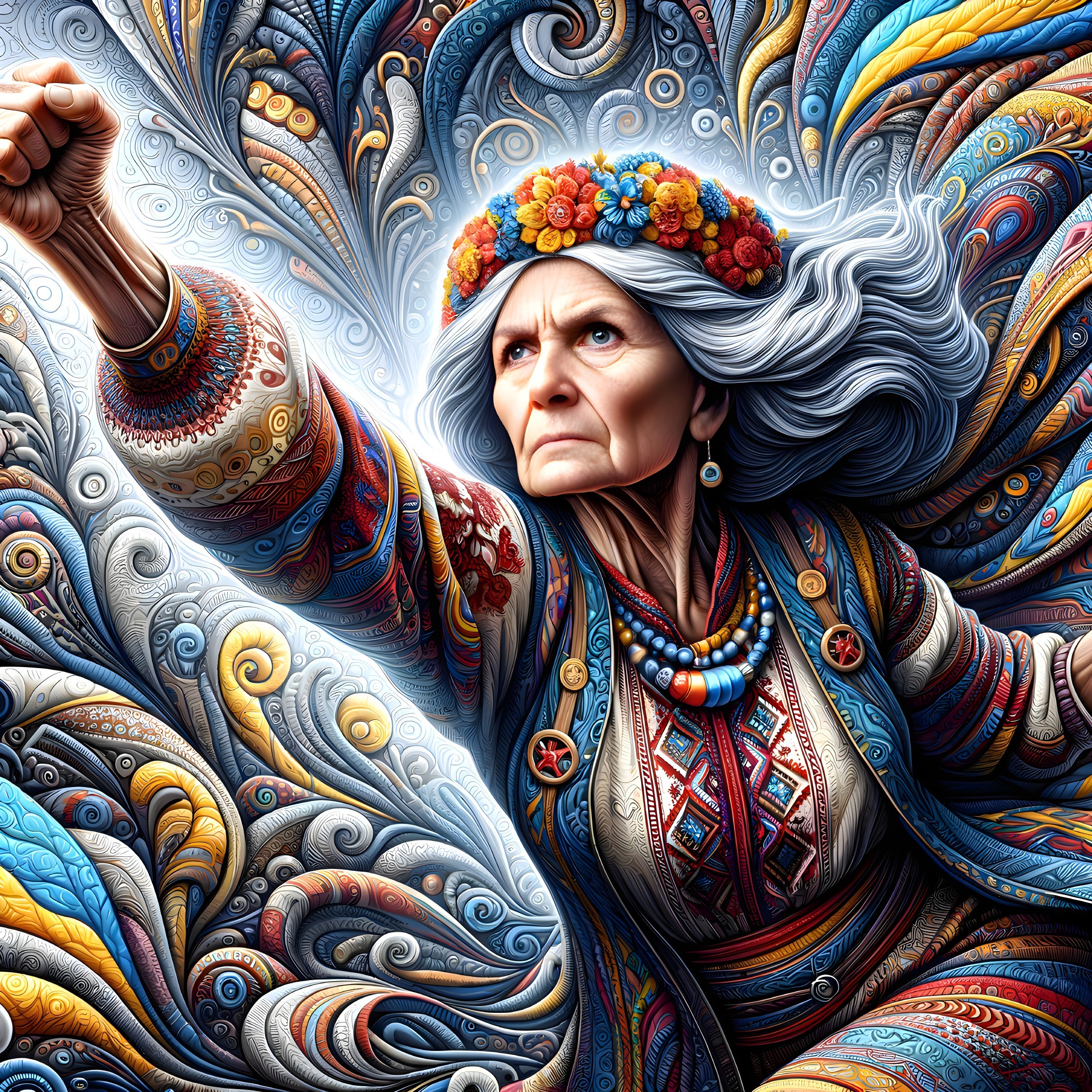 Elderly Woman in Traditional Attire with Vibrant Patterns