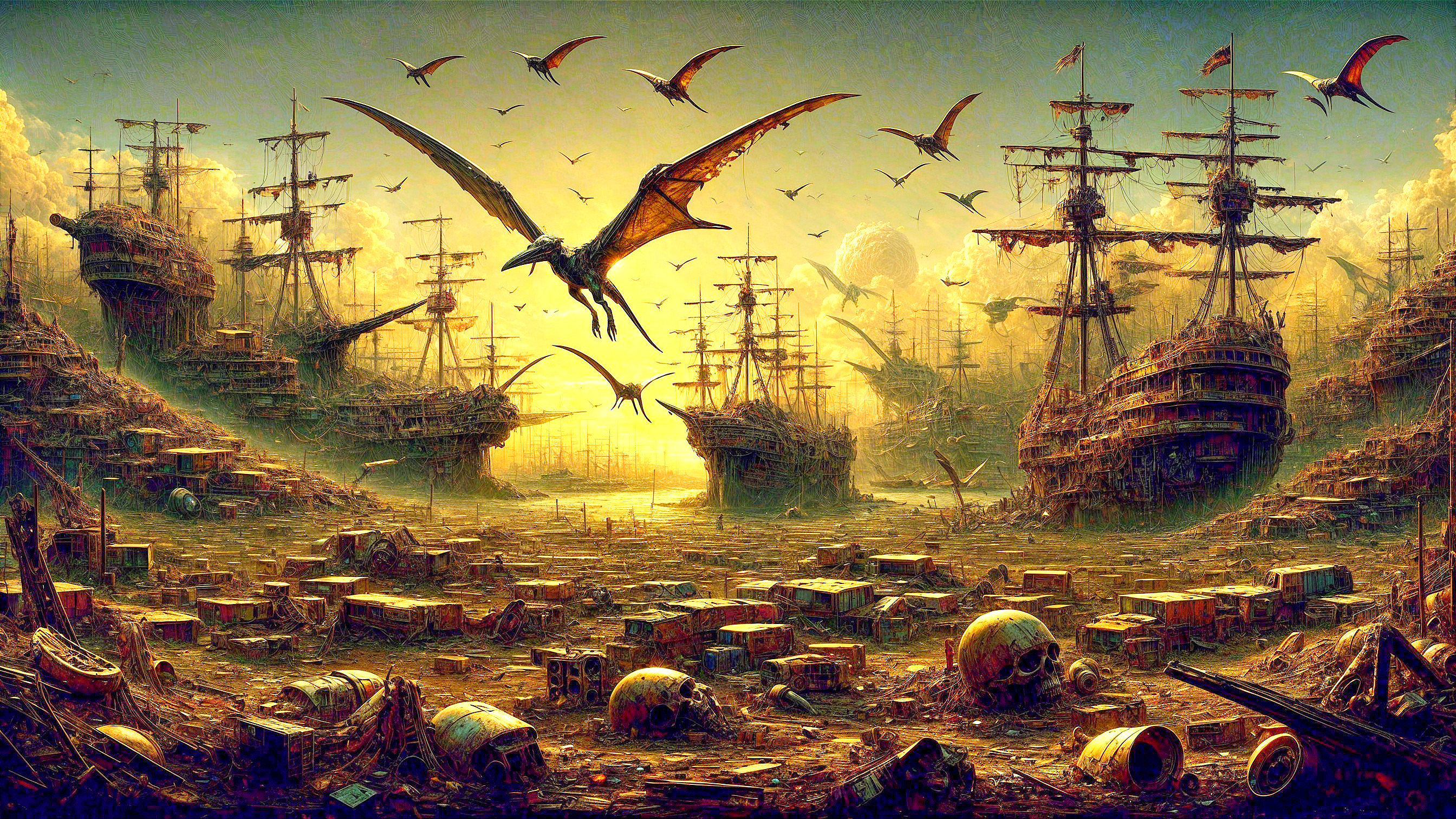 Surreal Landscape of Ancient Ships and Pterosaurs