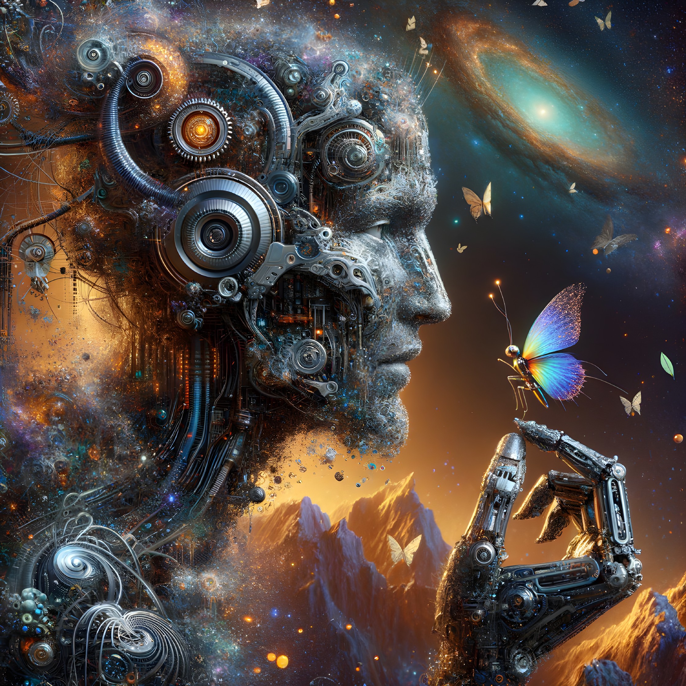 Futuristic Mechanical Face with Cosmic Background