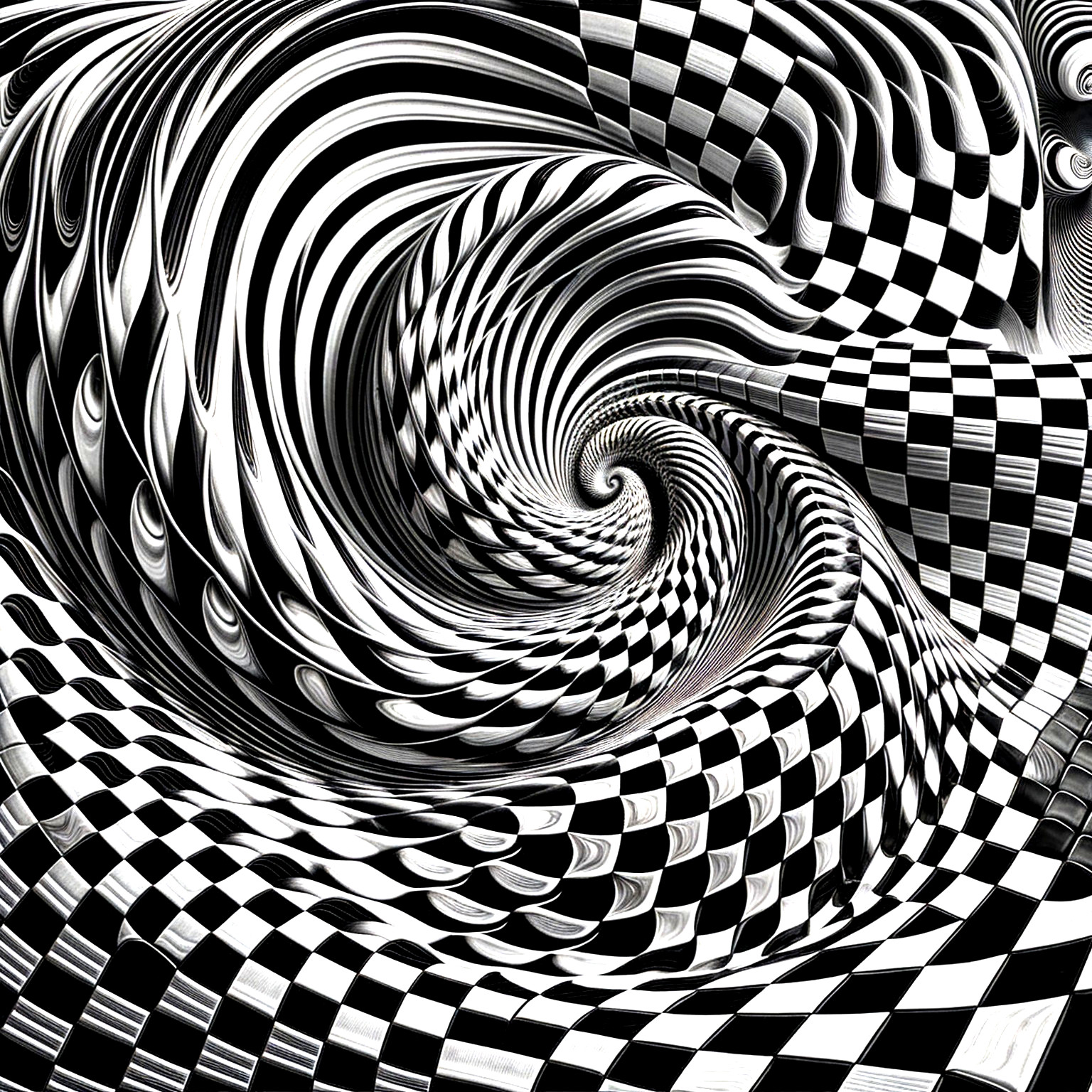 Black and White Checkered Vortex Pattern Design