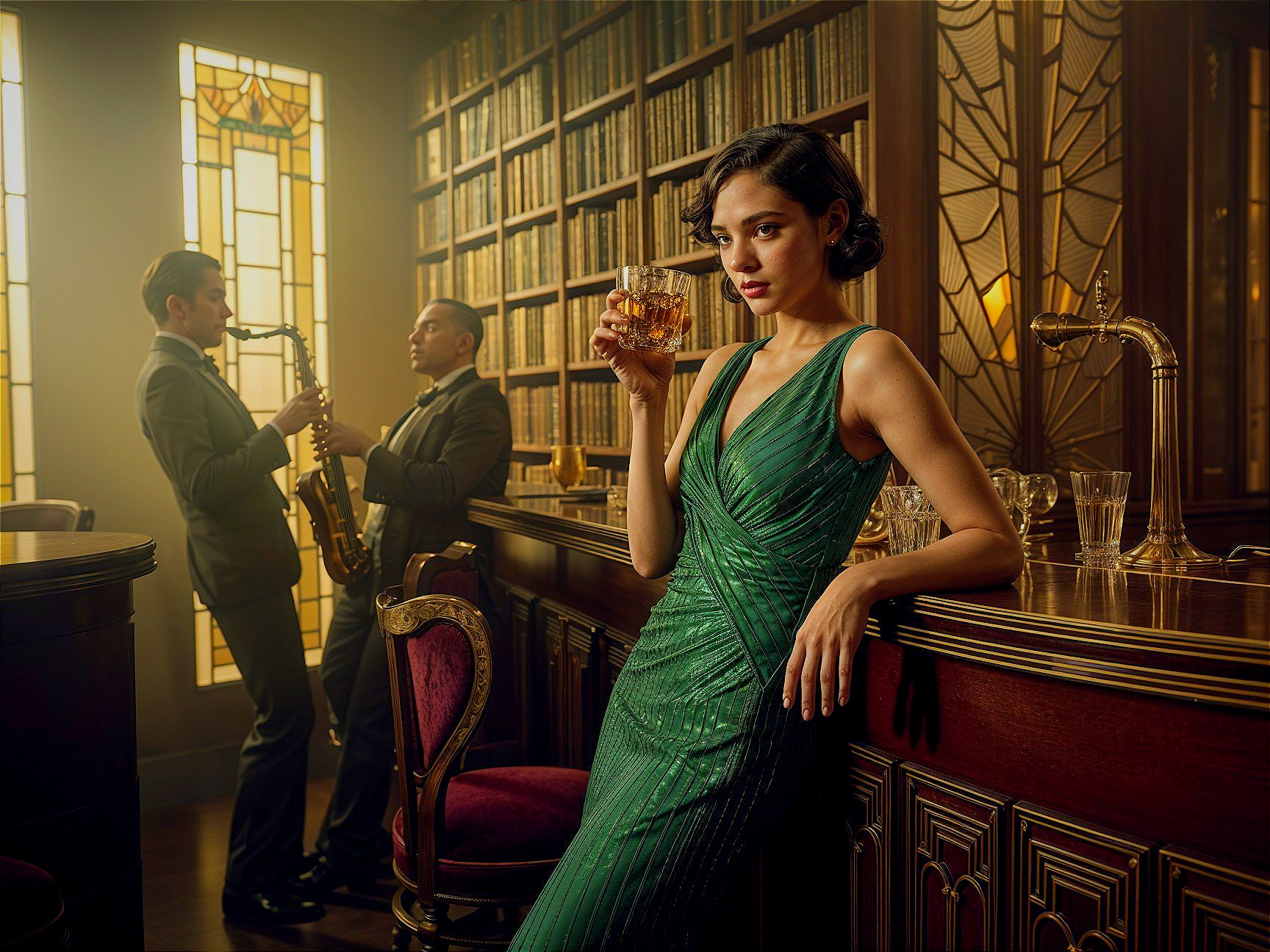 Luxurious bar scene with woman in green dress and jazz