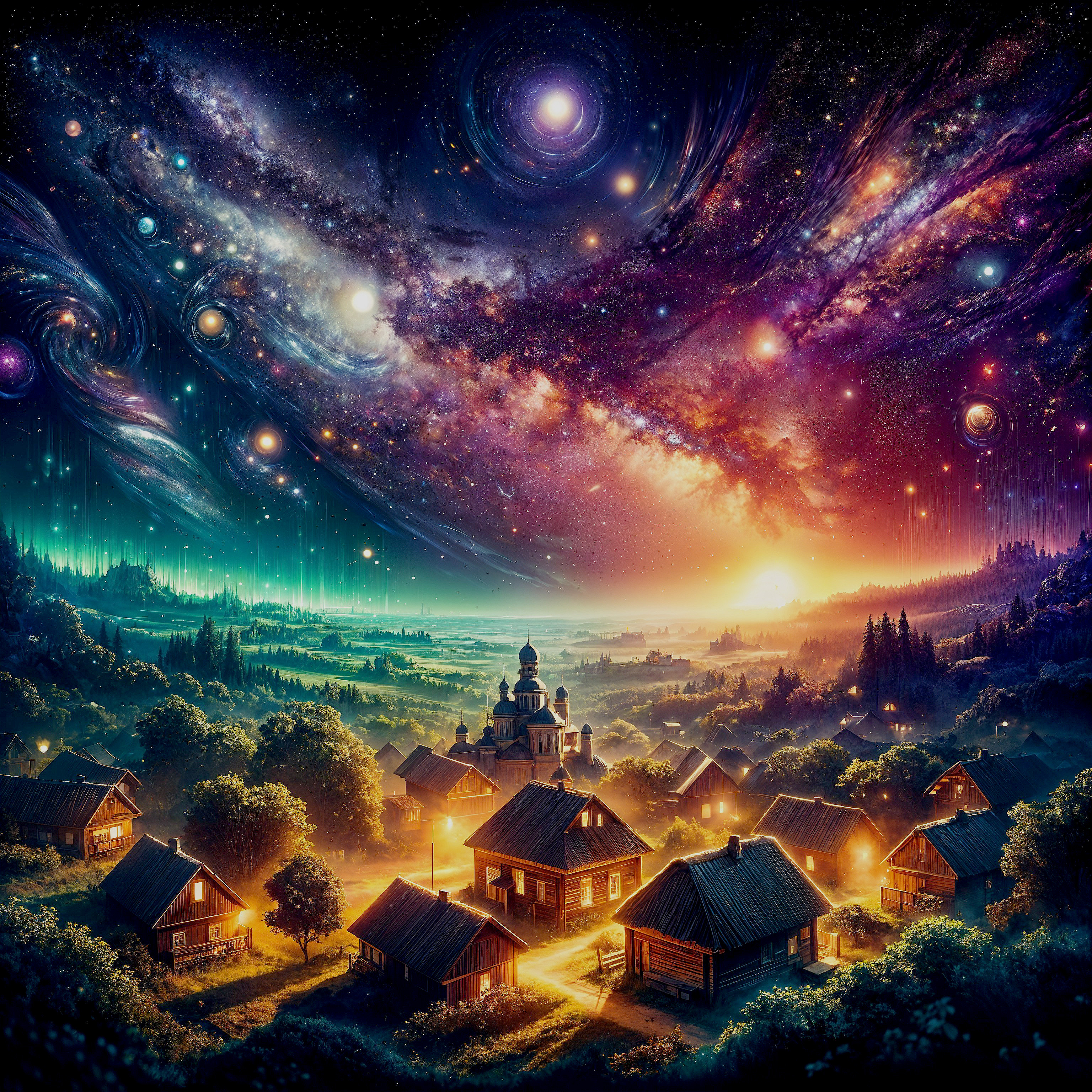 Serene village with cosmic scenery at sunset
