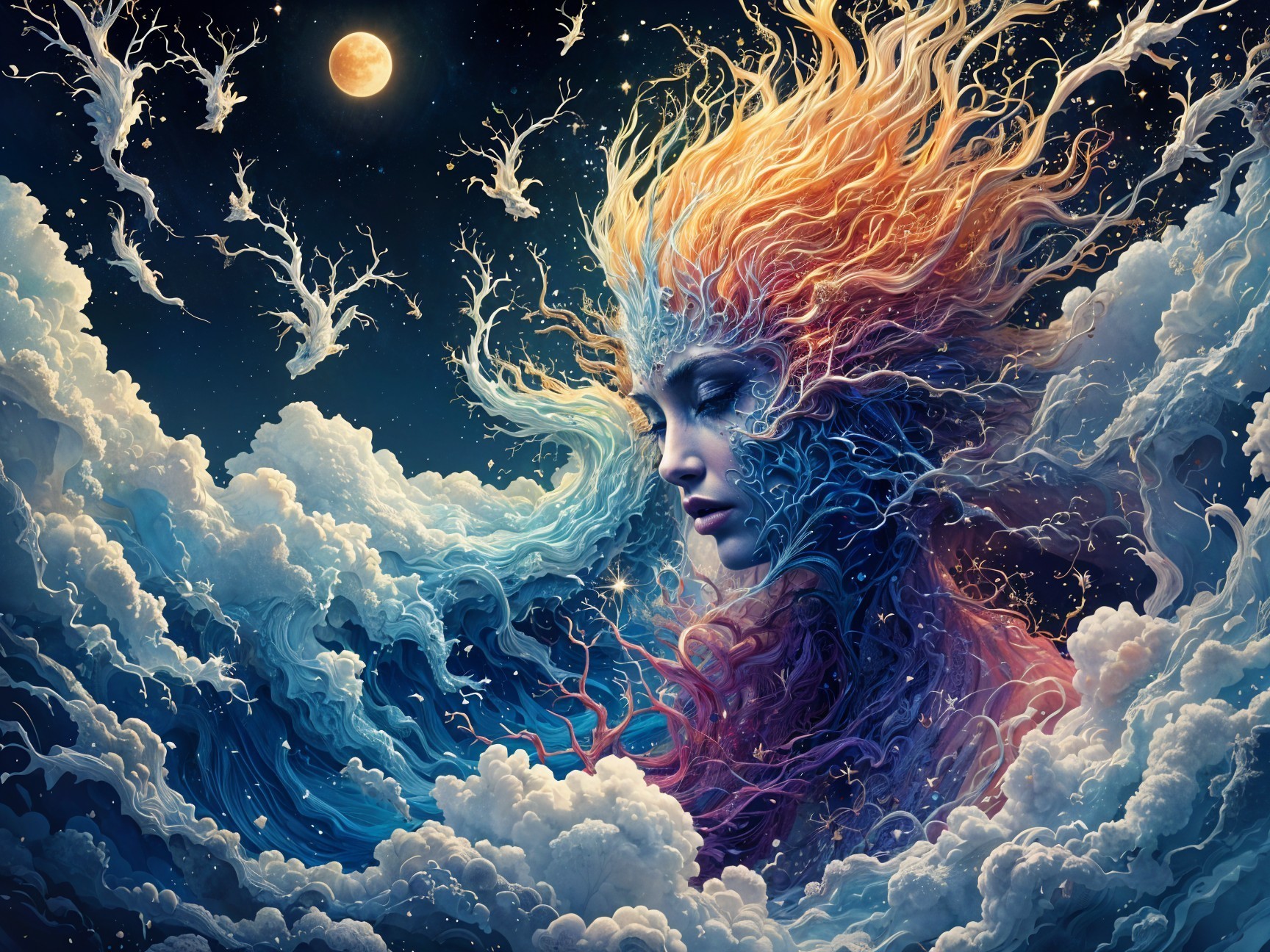 Ethereal Female Figure with Colorful Hair and Clouds