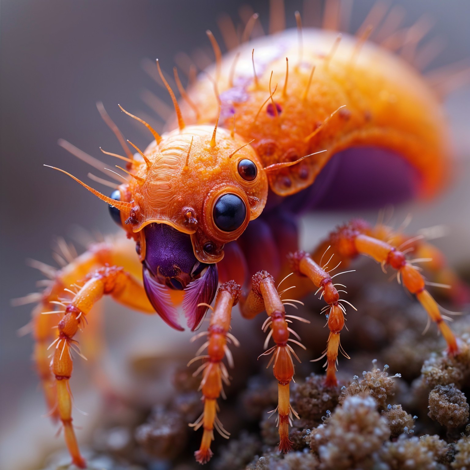 Close-up of a vibrant orange and purple insect