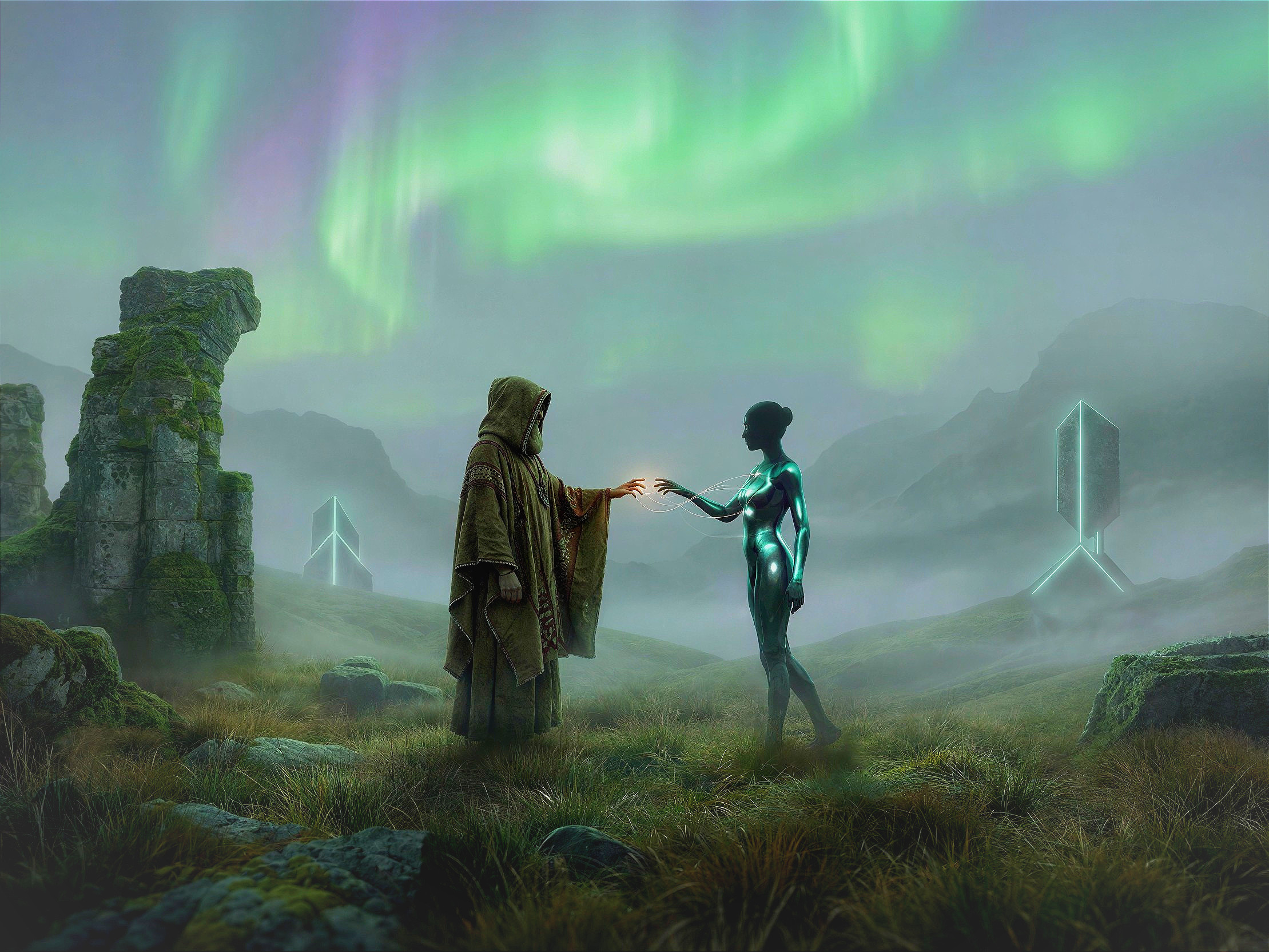 Digital painting of a shrouded figure and alien woman