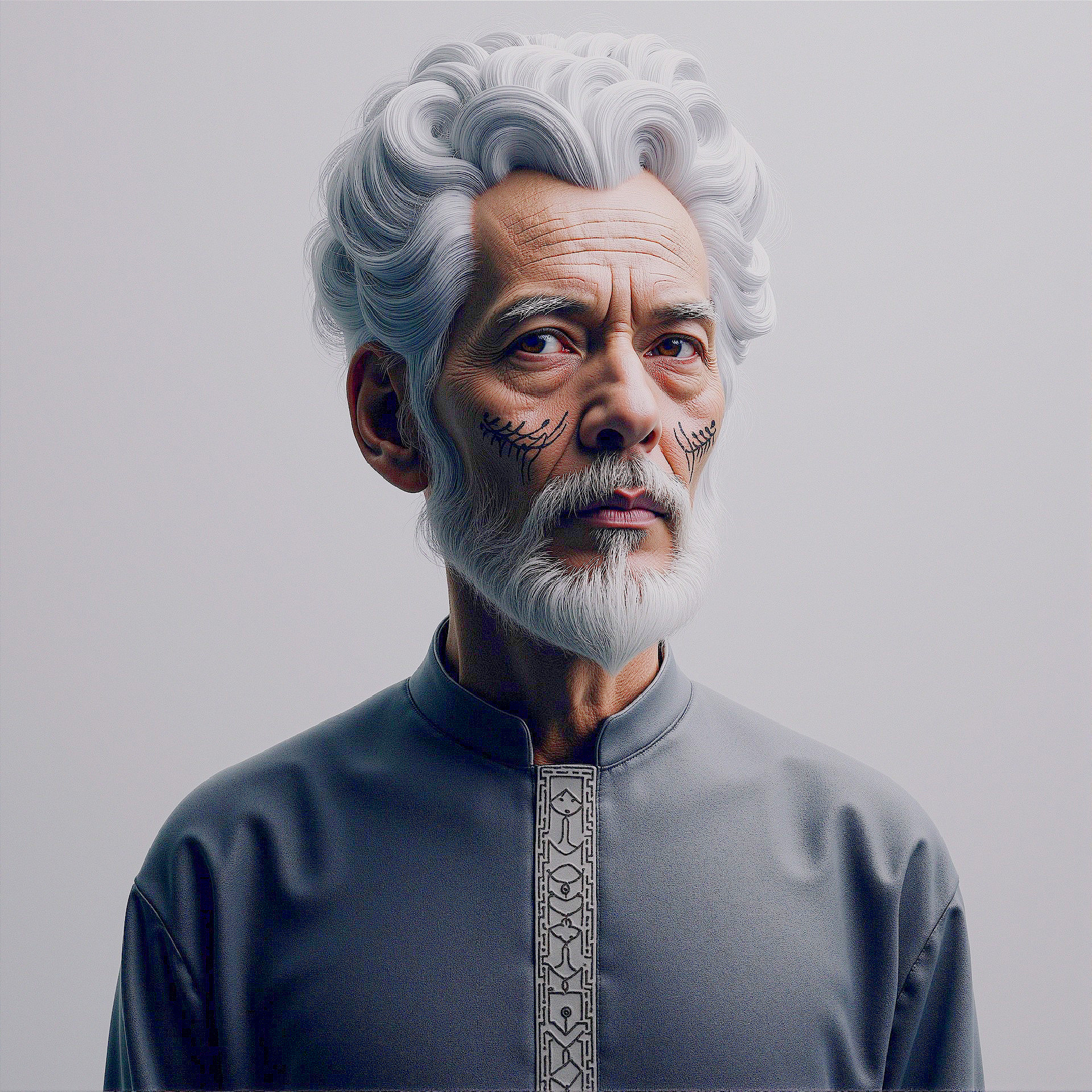 Elderly man with white hair and intricate tattoos