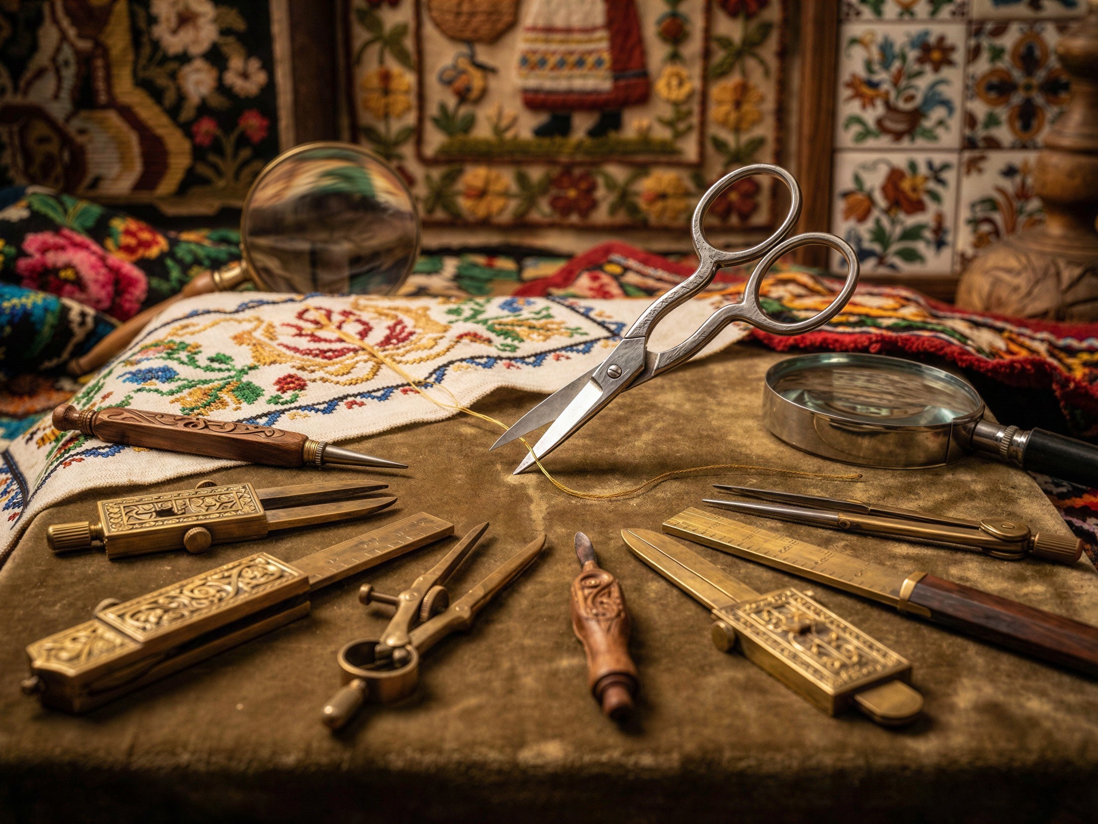 Antique Embroidery Tools on Olive-Green Surface