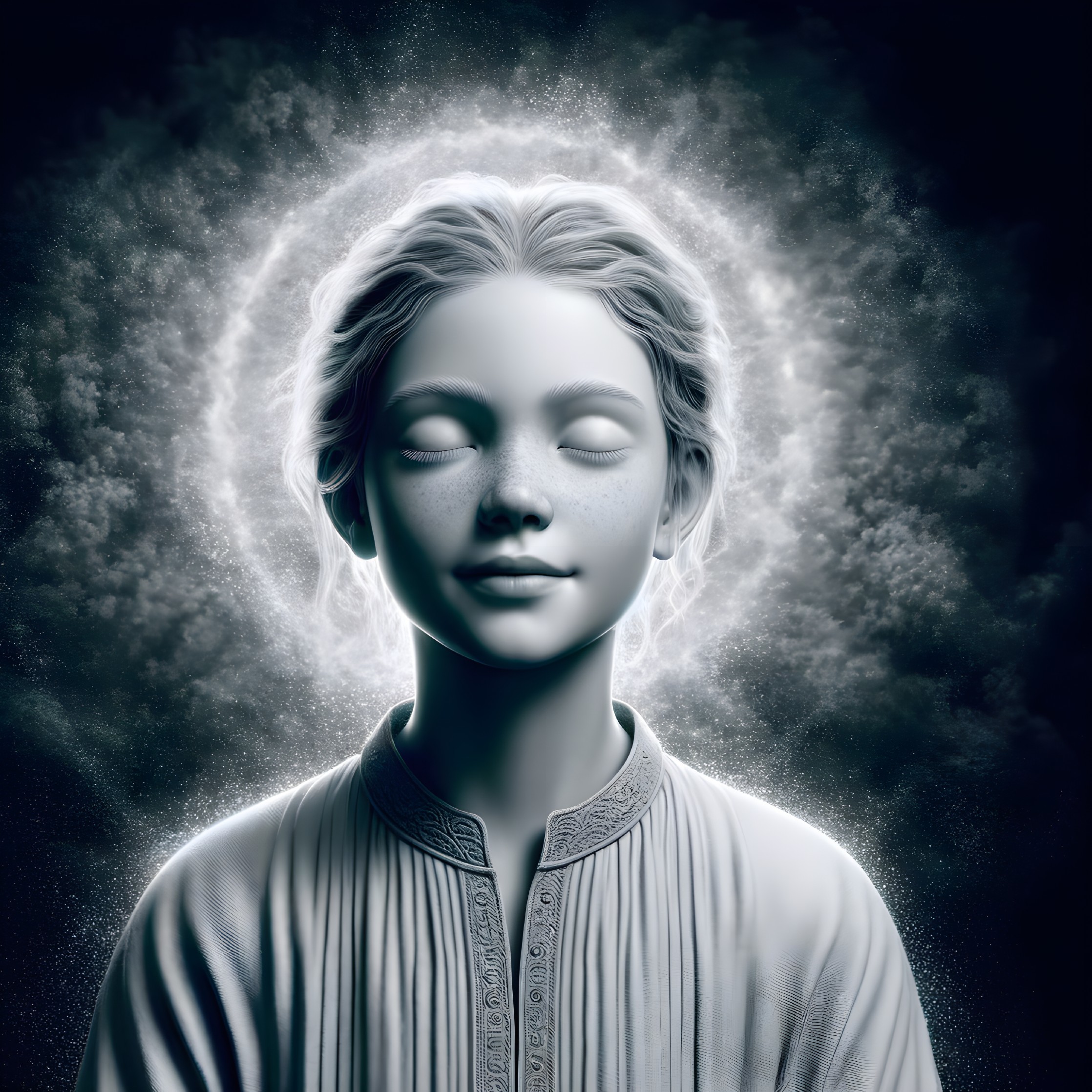 Serene Young Girl with Halo in Dark Background