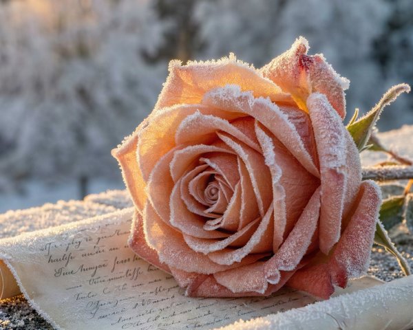 Peach Rose with Hoarfrost on Parchment Letter