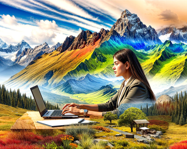 Mountainous Landscape with Woman Working on Laptop