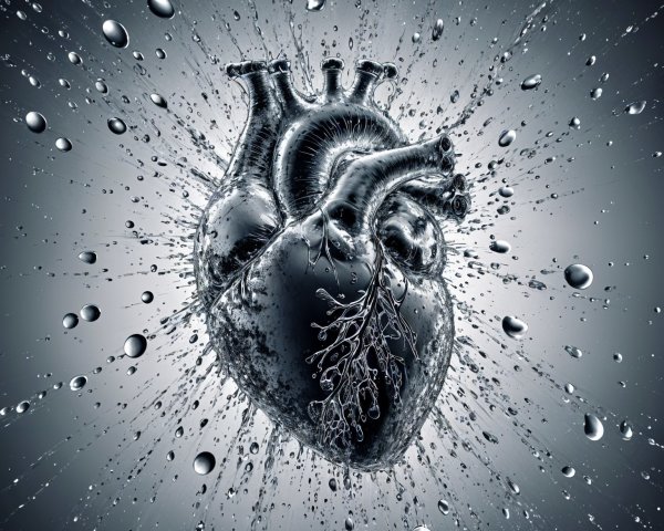 Artistic Representation of a Human Heart in Water Droplets