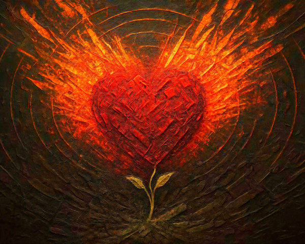 Vibrant Red Heart with Mosaic Texture and Plant Sprout