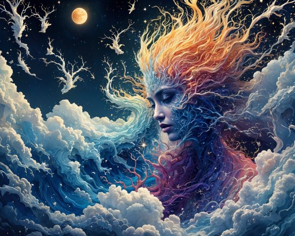 Ethereal Female Figure with Colorful Hair and Clouds