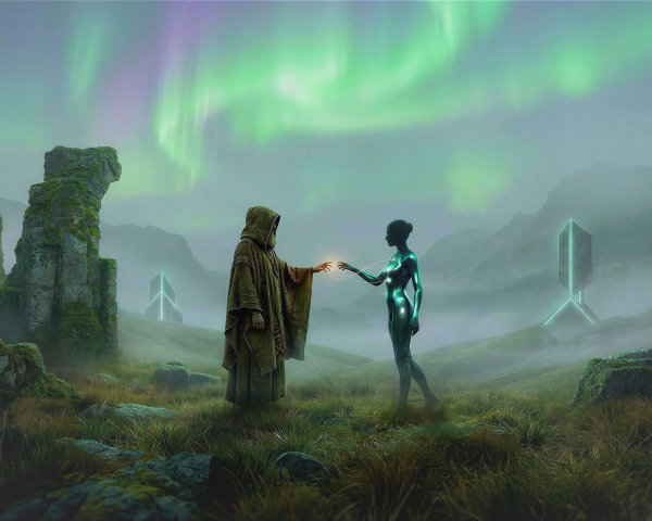 Digital painting of a shrouded figure and alien woman