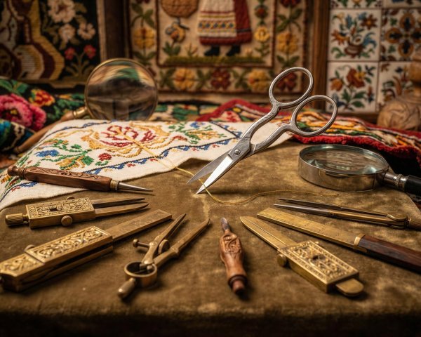 Antique Embroidery Tools on Olive-Green Surface