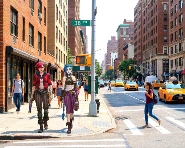 New York City Street Scene with Anime Characters