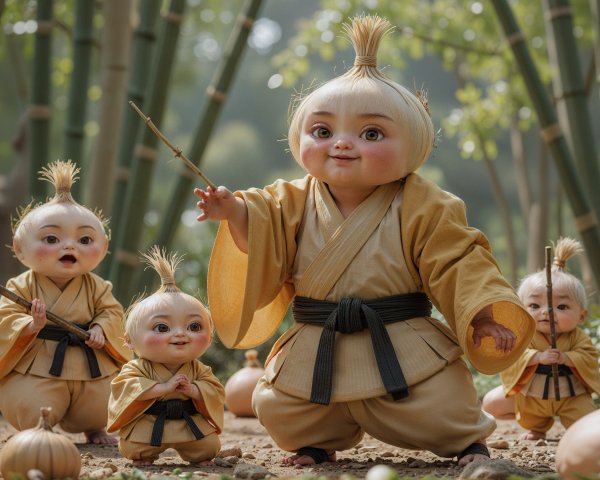 Charming Scene of Children in Bamboo Forest Karate Attire
