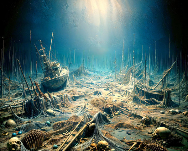 Underwater Scene of a Sunken Ship with Skeletons
