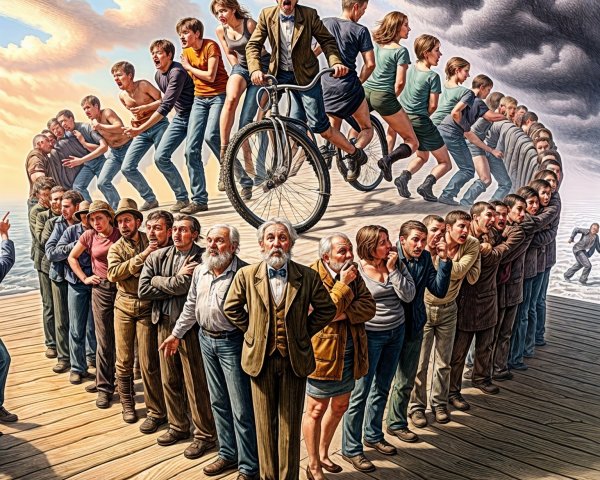 Surreal Gathering of Diverse People on Wooden Pier