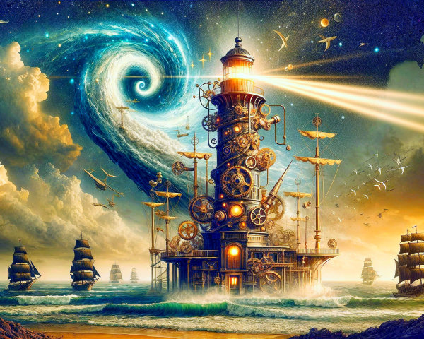 Steampunk Lighthouse on Rocky Shore with Sailing Ships