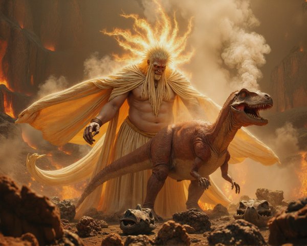 Dramatic Landscape with Powerful Figure and Dinosaur